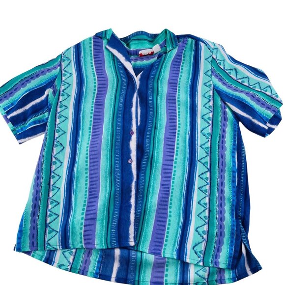 Alia Women's Button-Down Shirt Size 16 Striped Pattern Blue & Green Polyester - Picture 1 of 4